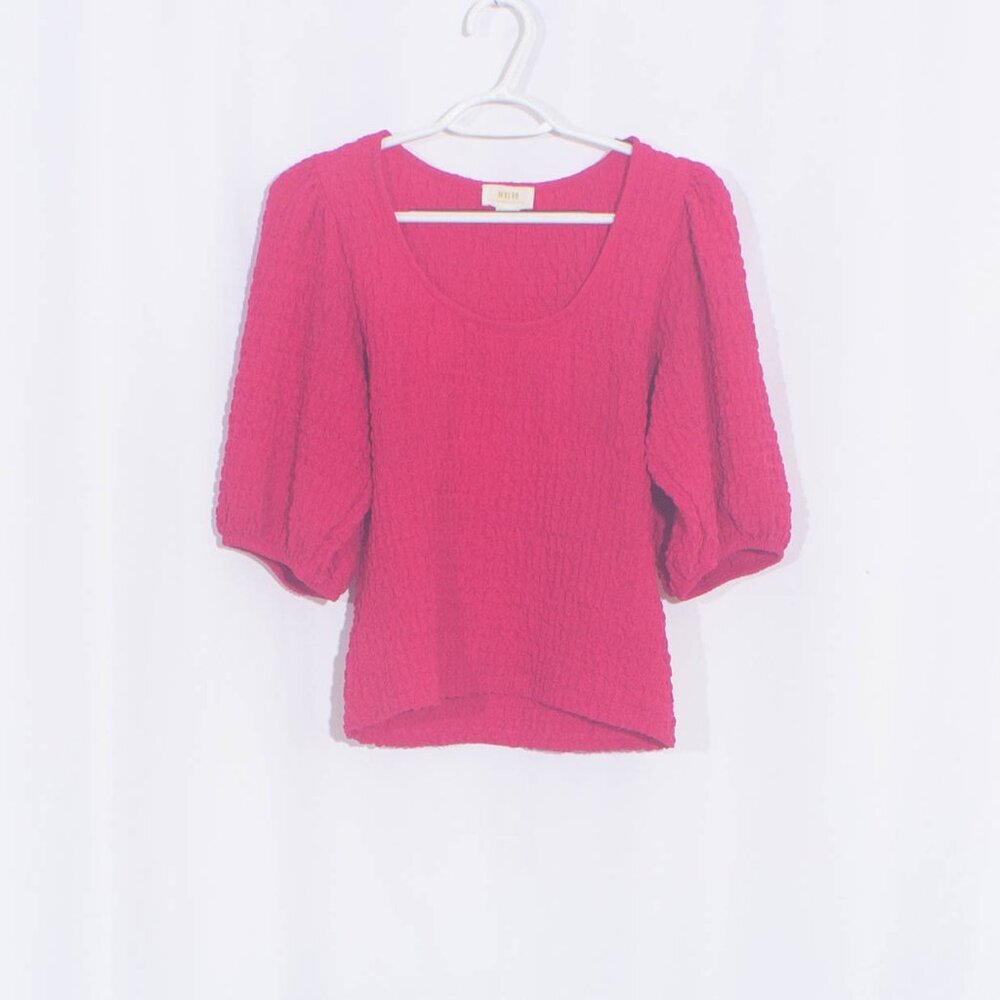 ANTHROPOLOGIE MAEVE Hot Pink Textured Puff Sleeve Blouse Size M - Picture 2 of 7